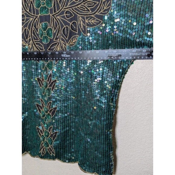 Vintage Blue Green Sequin Silk Top Size Medium Party Y2K Formal Beaded Gatsby - Picture 4 of 10